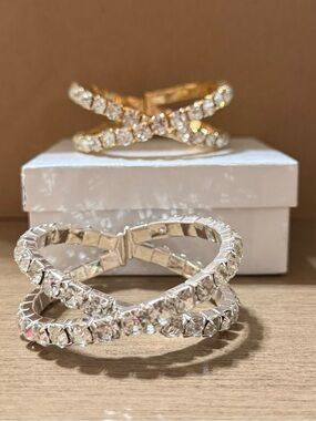 2 Sparkling Criss-Cross Crystal Bracelet - One silver and One gold